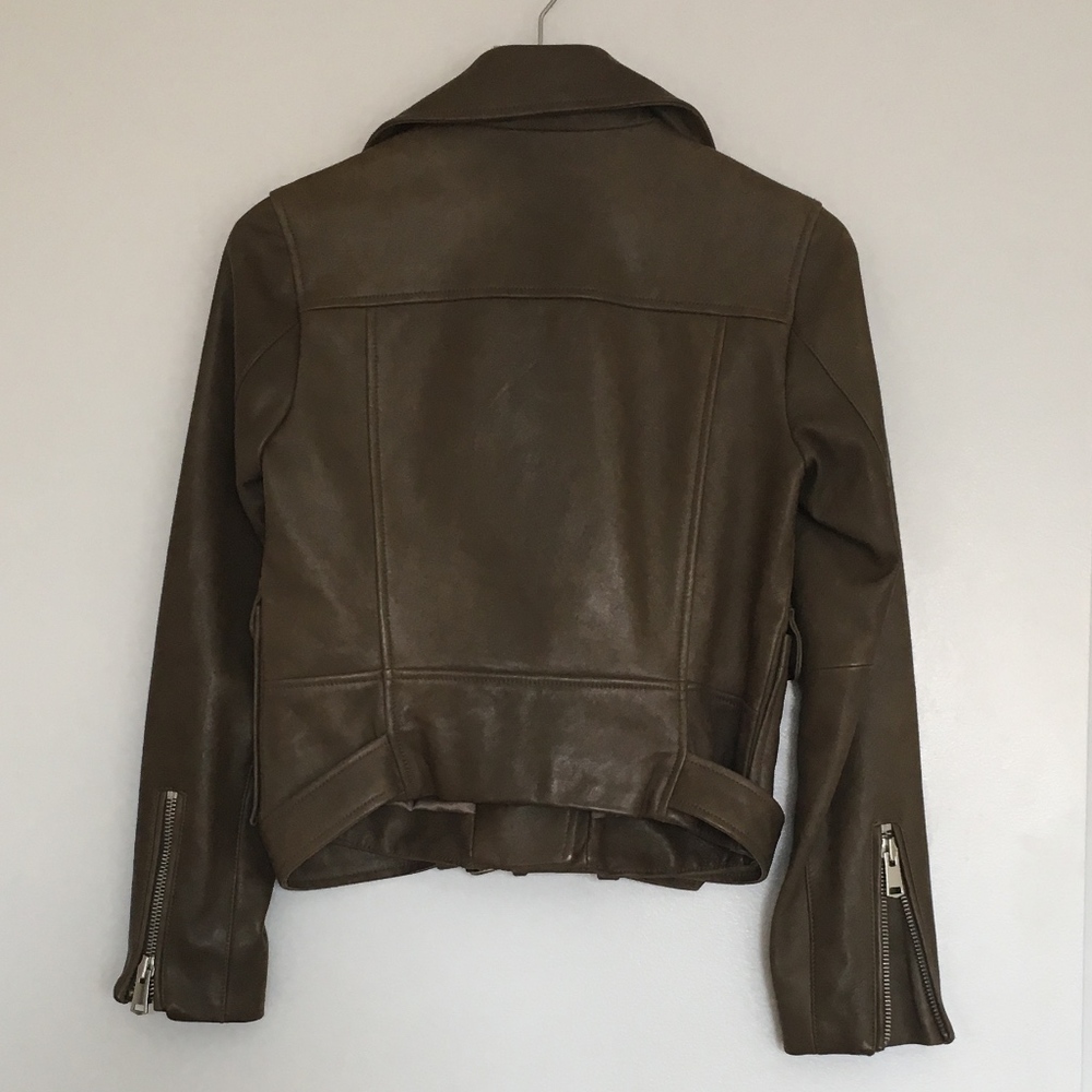 Reiss Kate Leather Biker Moto Jacket Khaki - Picture 7 of 8